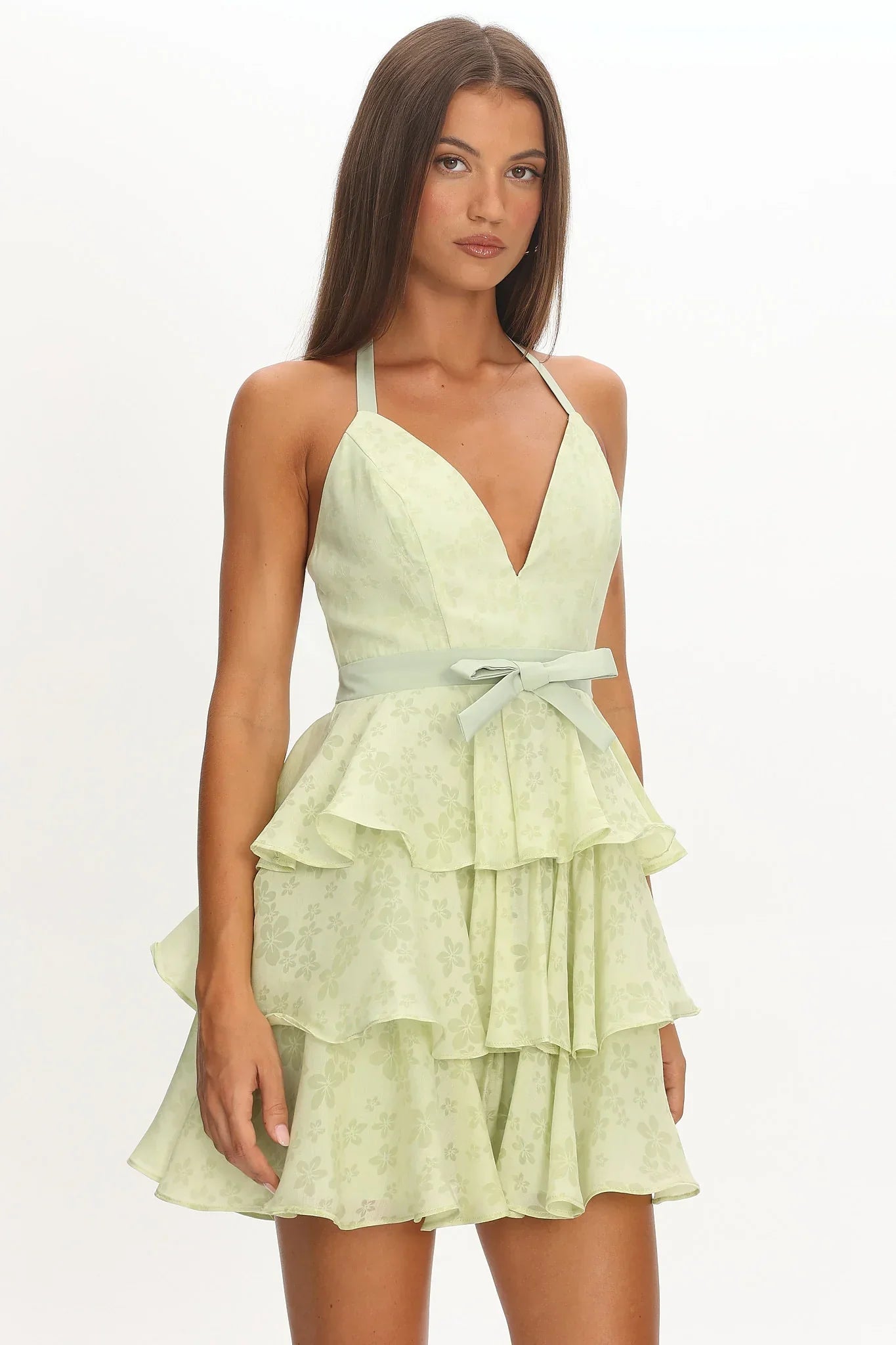 Ayala Halterneck Ruffle Mini Dress Floral Lime