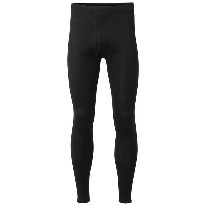 Black leggings are displayed standing upright showcasing a snug fit throughout the legs designed for comfort and warmth often worn as base layers during physical activities or cold weather.
