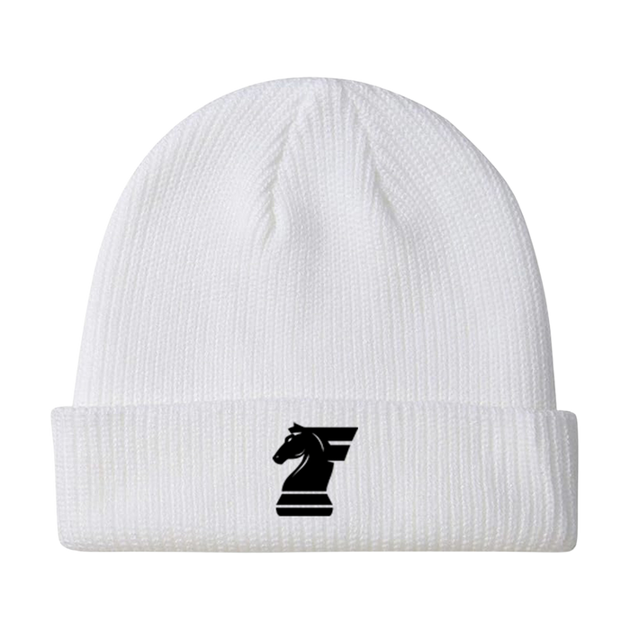 White beanie with a black logo on a white background