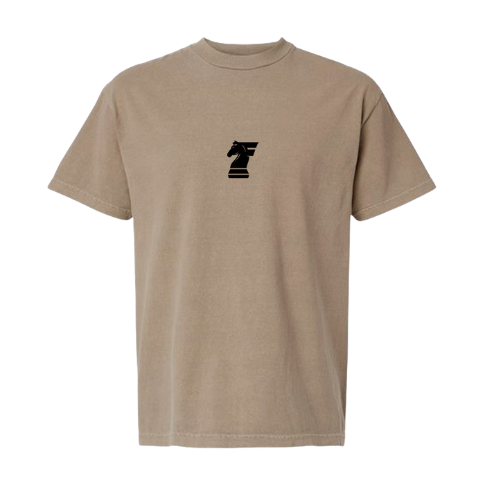 Beige t-shirt with a black logo on a white background