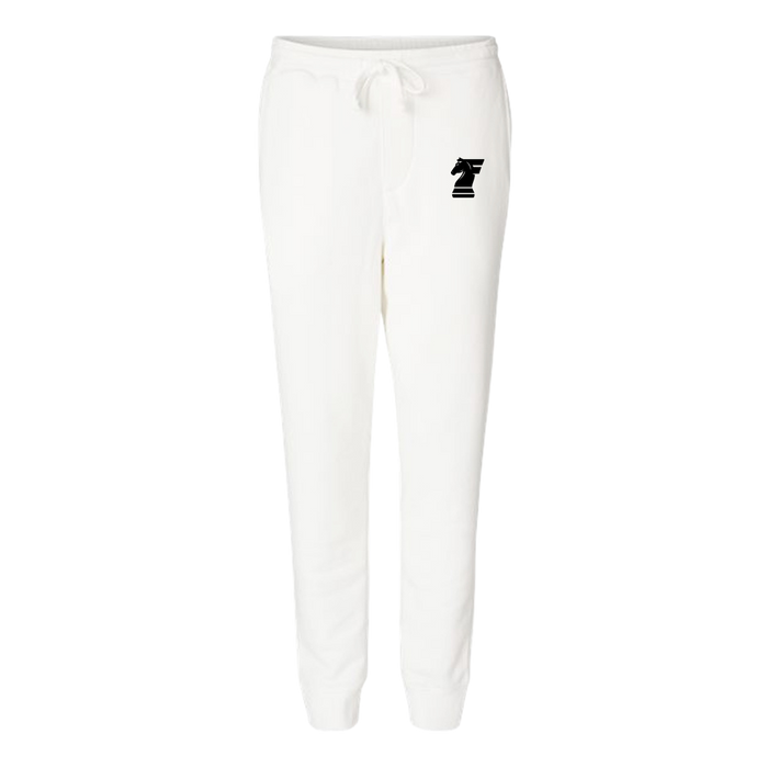 White sweatpants with a black logo on a white background