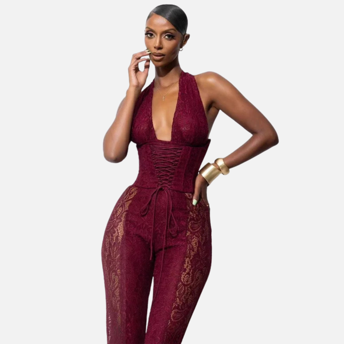 Women's Lace Halter Jumpsuit - Corset Style Sheer Panel Evening Suit