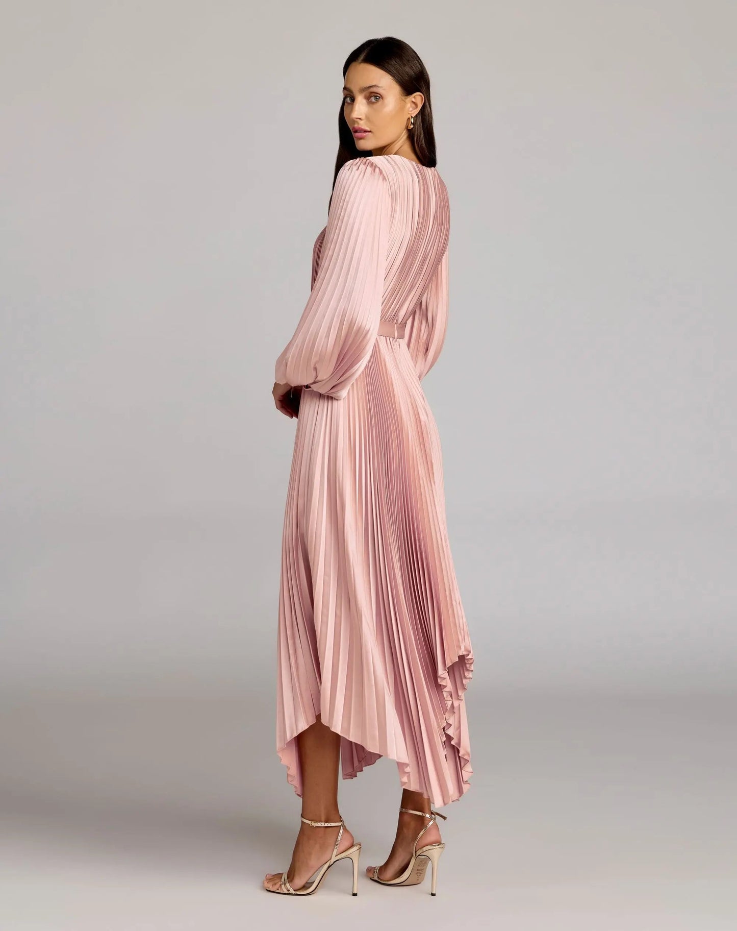 Blush Long Sleeve Pleated Charmeuse Handkerchief Dress