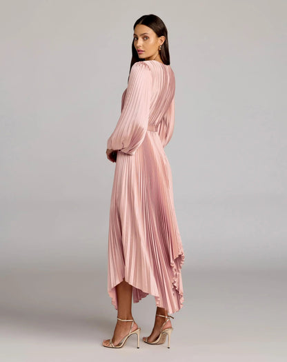 Blush Long Sleeve Pleated Charmeuse Handkerchief Dress