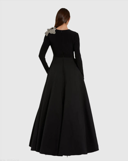 Black Long Sleeve Ball Gown with Rhinestone Flower