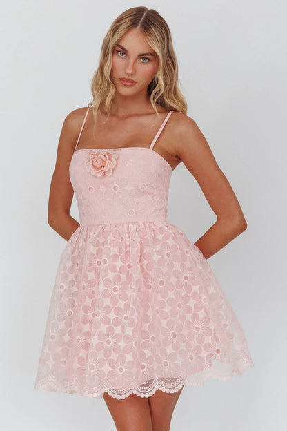 Bahia A-Line Square Neckline Mini Dress Lace Blush