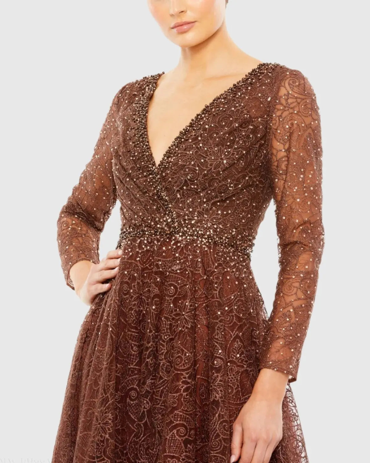 Brown Embellished Illusion Long Sleeve V Neck Gown - FINAL SALE