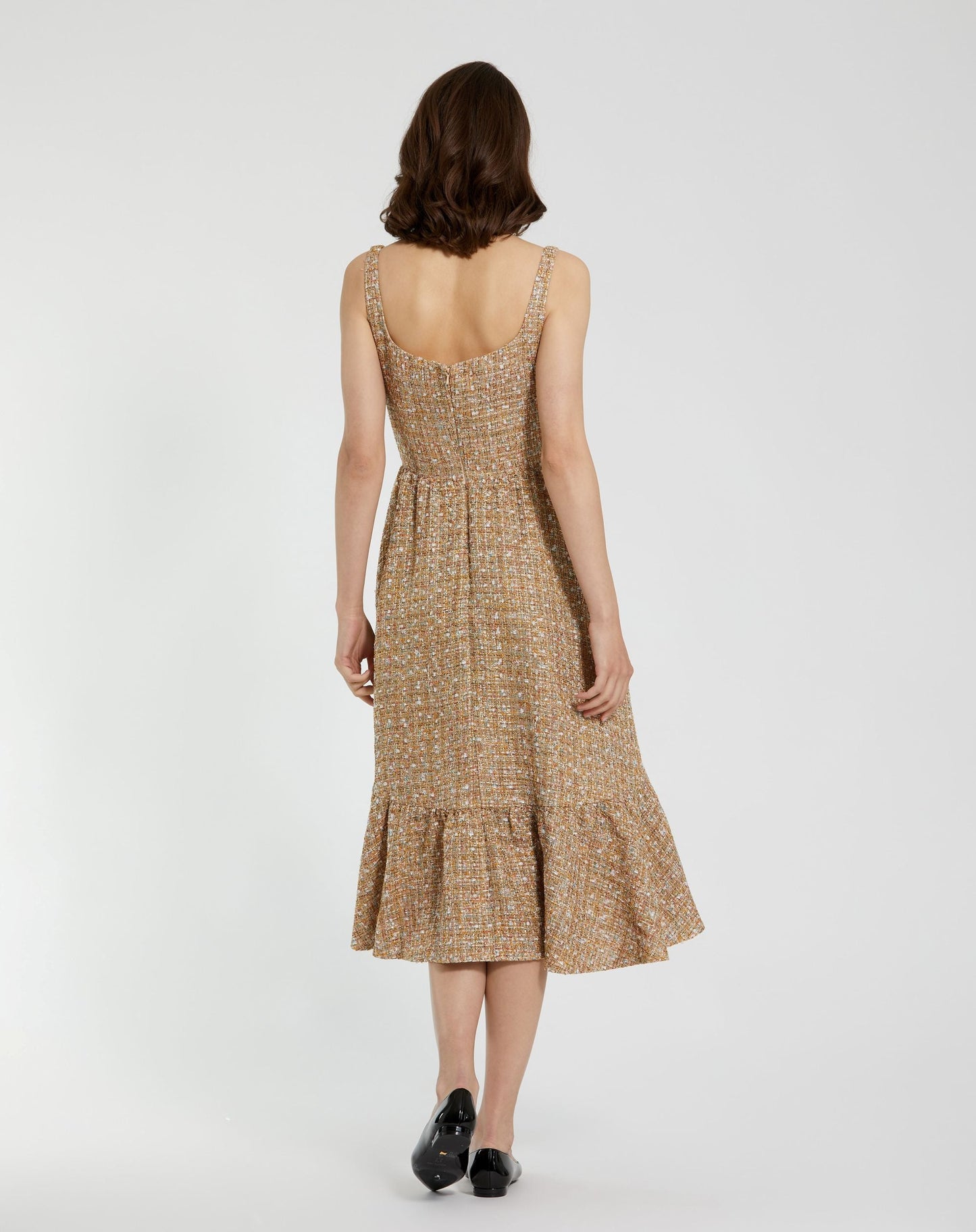 Beige Boucle Sleeveless A-Line Midi Dress
