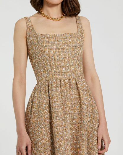 Beige Boucle Sleeveless A-Line Midi Dress