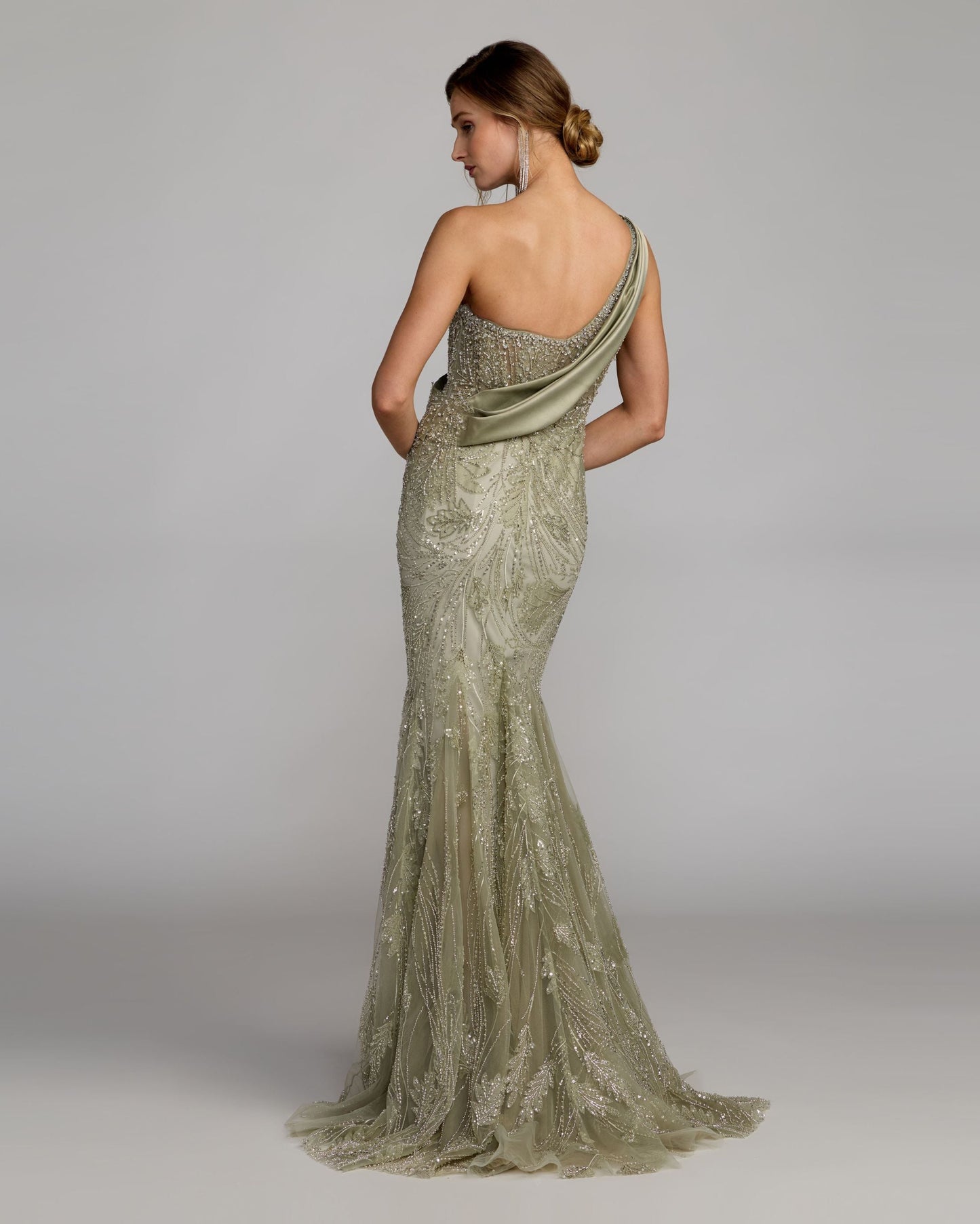 Green Beaded One Shoulder Draped Mermaid Gown