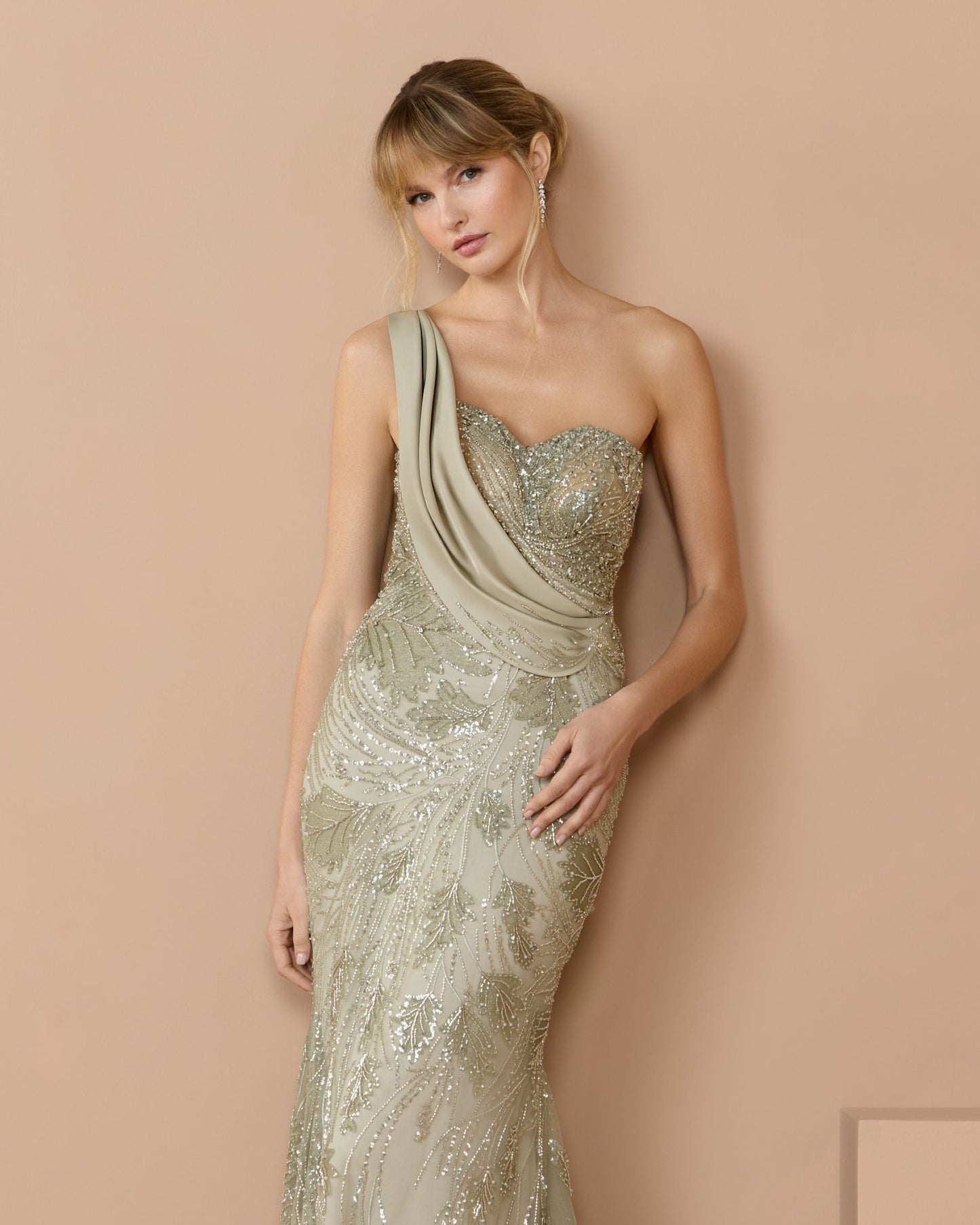 Green Beaded One Shoulder Draped Mermaid Gown