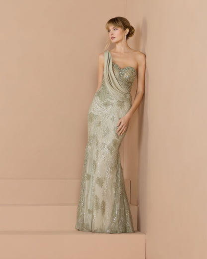 Green Beaded One Shoulder Draped Mermaid Gown