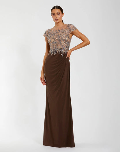 Brown High Neck Embellished Jersey Gown