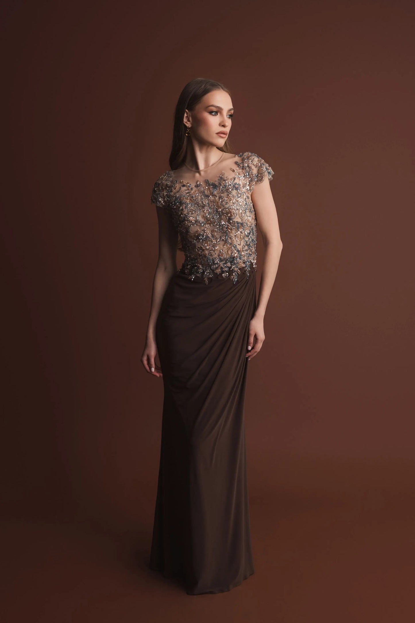 Brown High Neck Embellished Jersey Gown