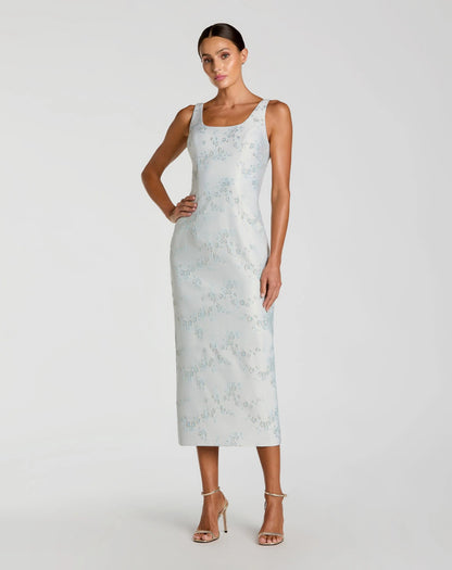Light Blue Brocade Sleeveless Scoop Neck Midi Dress