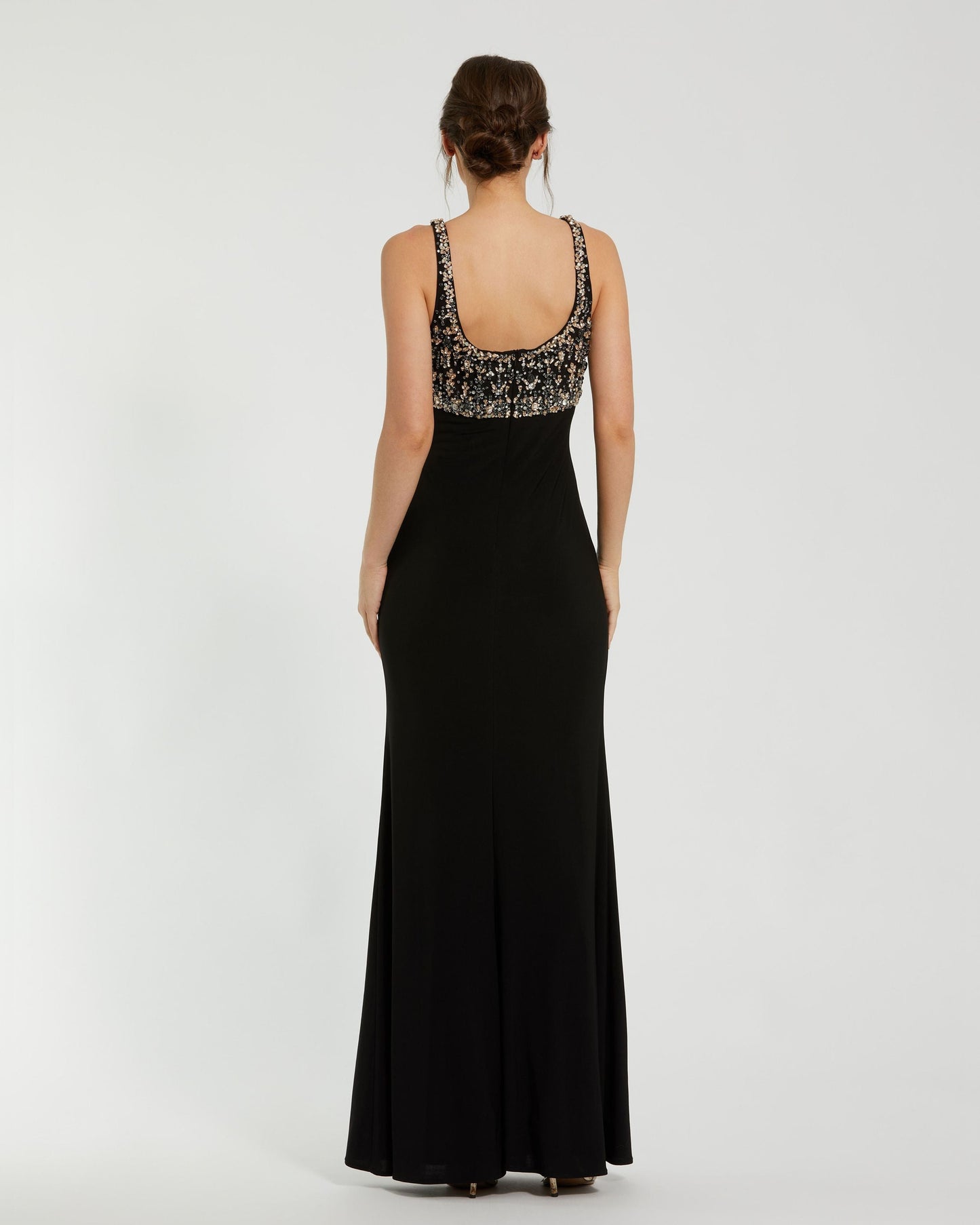 Black Sleeveless Scoop Neck Embellished Jersey Gown