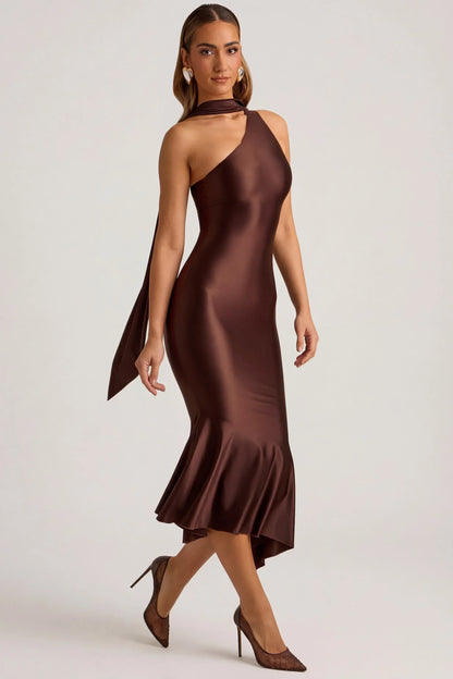 Asymmetric Scarf-Detail Midaxi Dress in Chocolate Brown