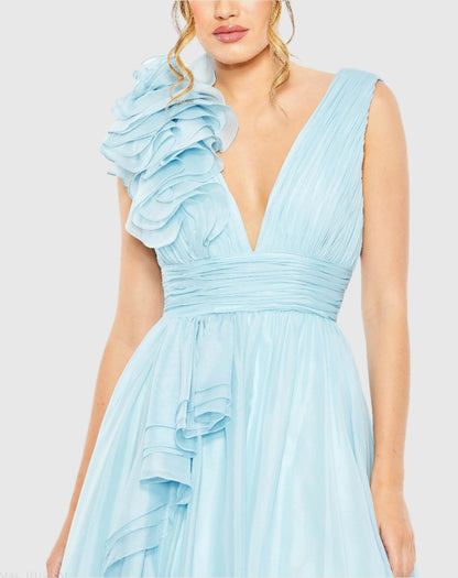 Light Blue Ruffle Shoulder V-Neck Chiffon Gown