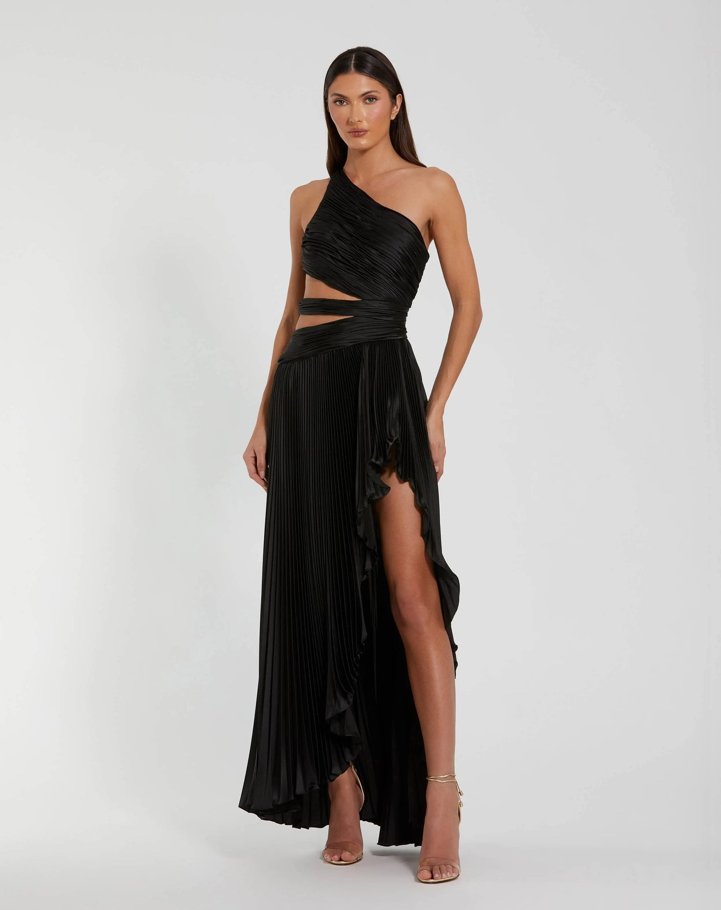 Black One Shoulder Pleated Charmeuse Gown with Slit