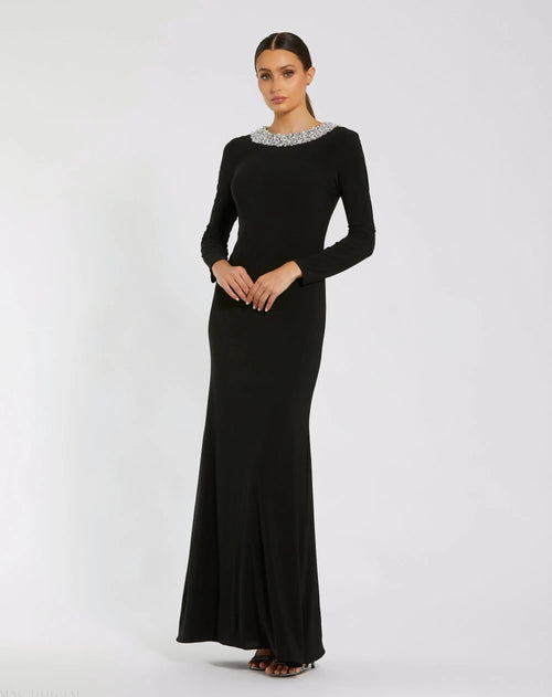 Black Long Sleeve Embellished High Neck Jersey Gown