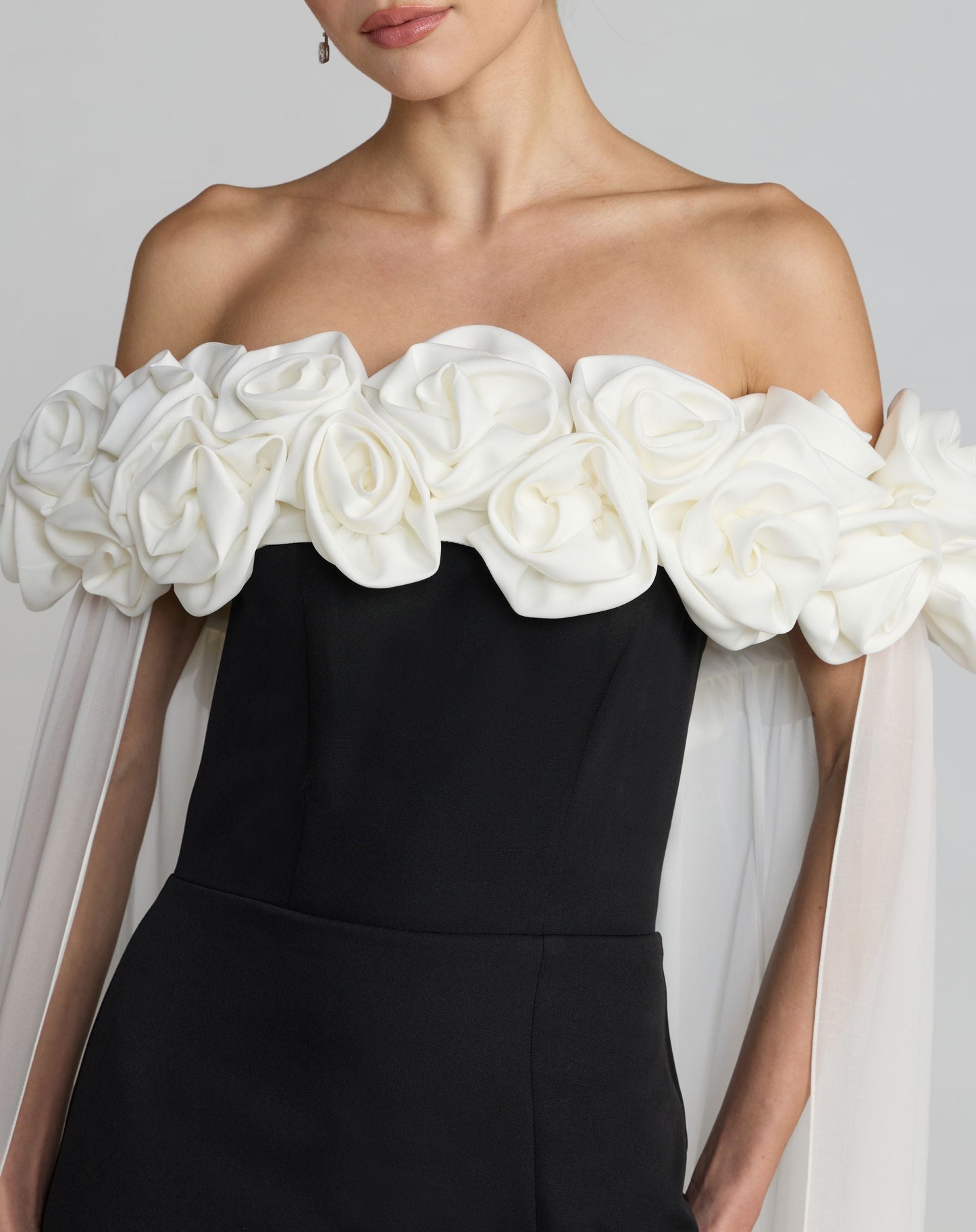 Black Off The Shoulder Crepe Gown With Chiffon Cape