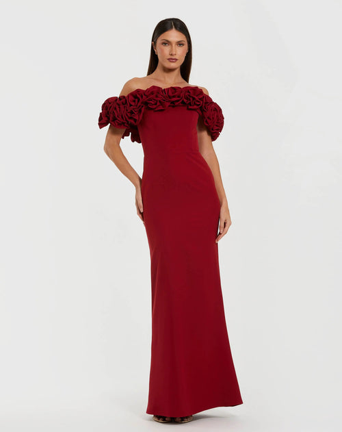 Burgundy Crepe Off The Shoulder Column Gown With 3D Roses