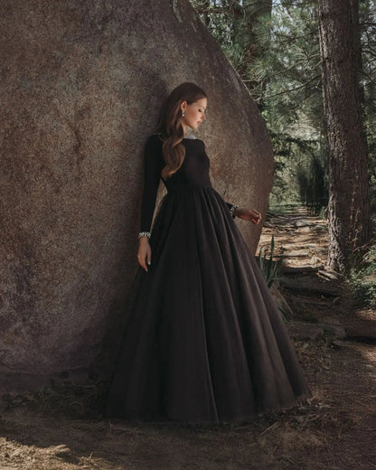 Black Long Sleeve Tulle Ball Gown