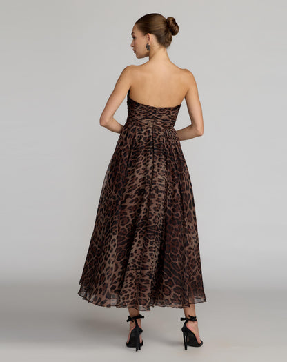 Leopard Strapless A-Line Chiffon Midi Dress