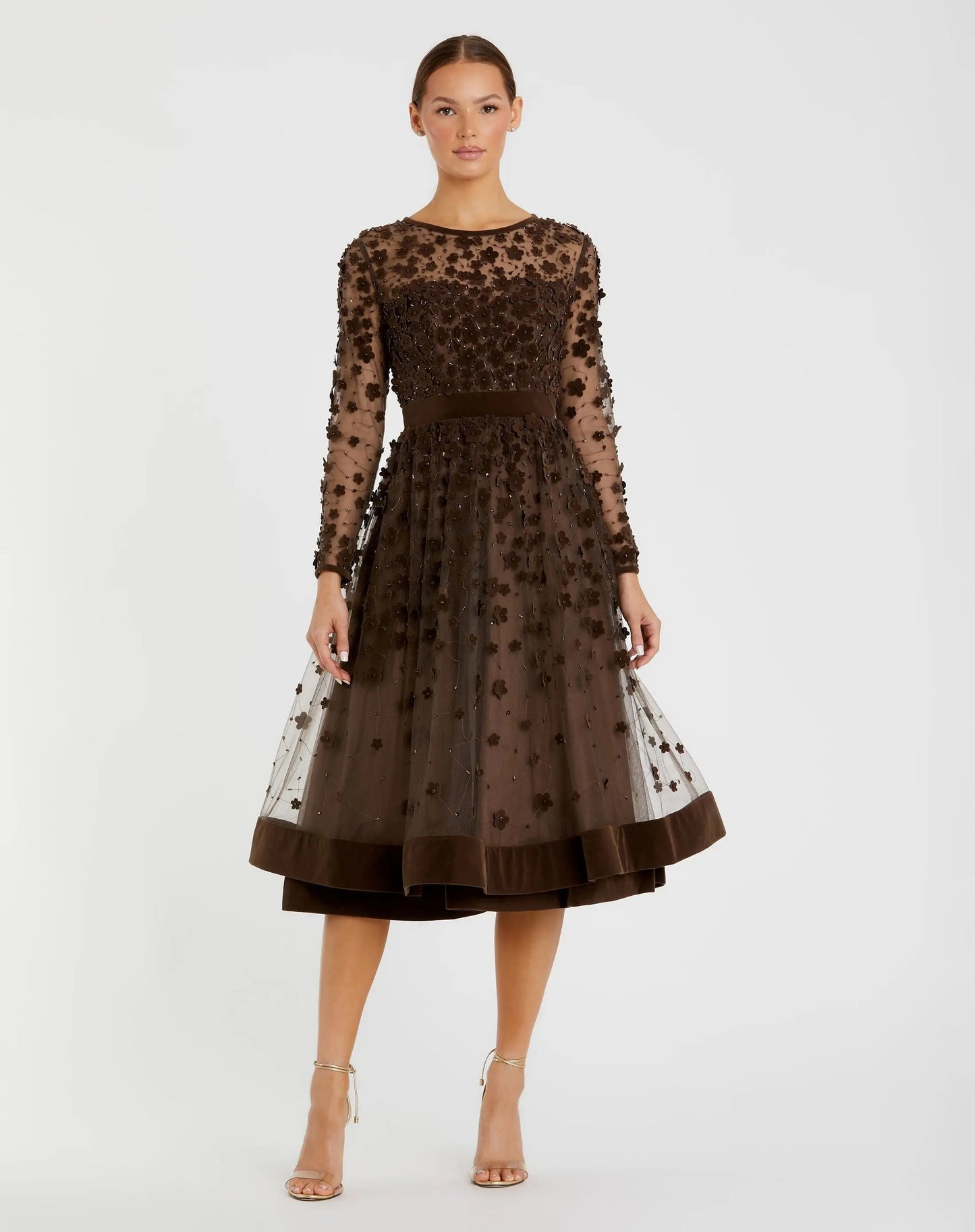 Brown Embellished Long Sleeve Velvet Trim A-Line Midi Dress