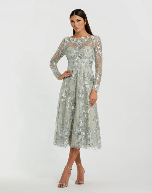 Blue Embellished Illusion Long Sleeve Midi Dress