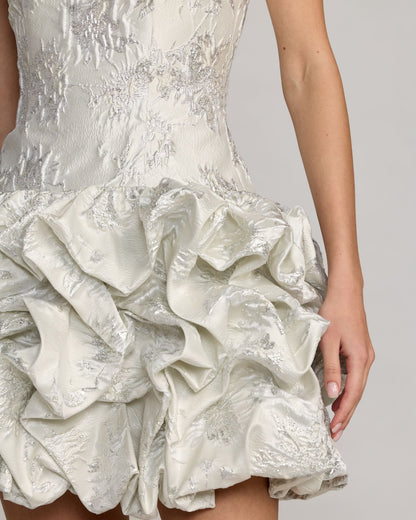 Ivory Strapless Brocade Bubble Hem Mini Dress