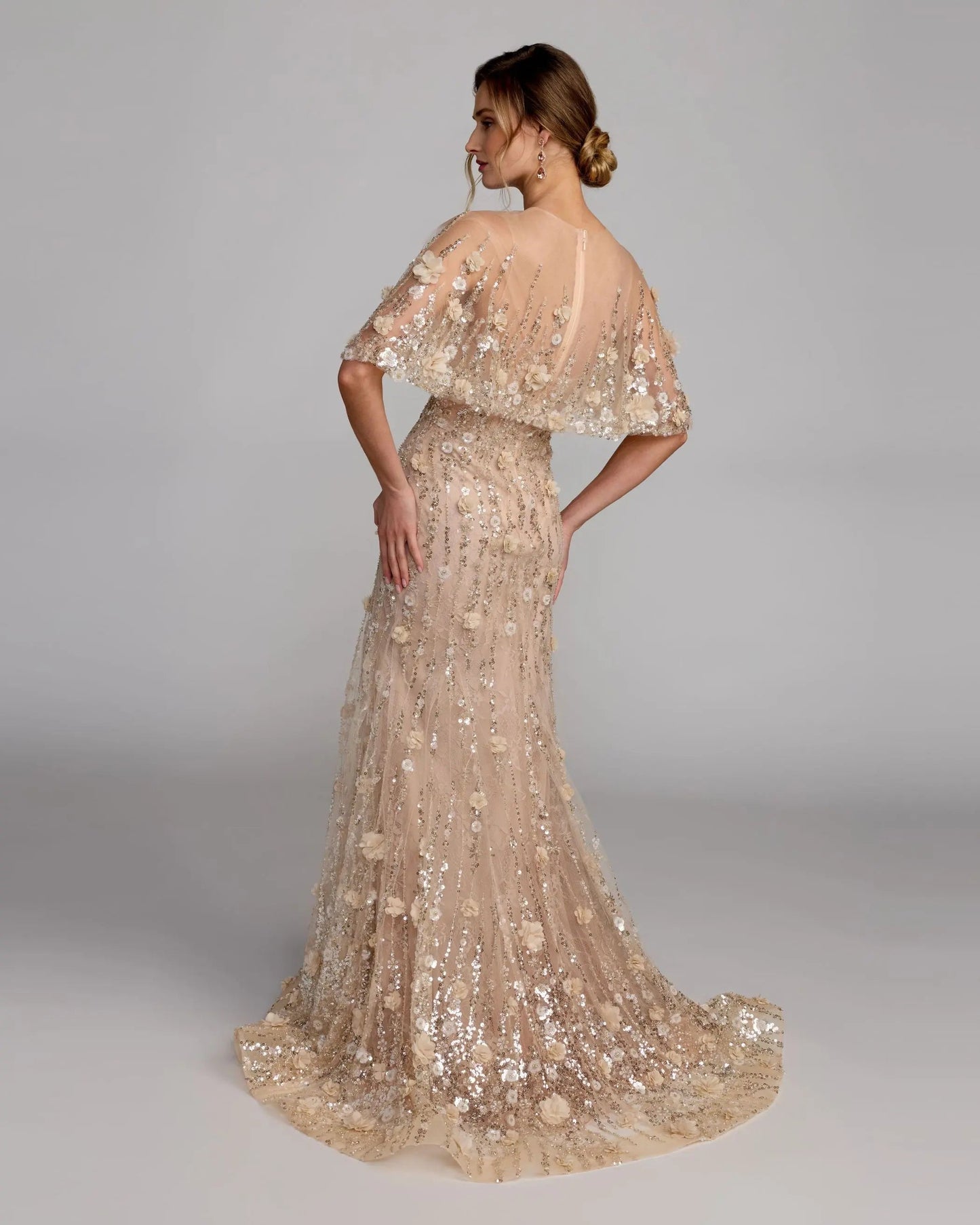 Beige Embellished Cape Sleeve Gown