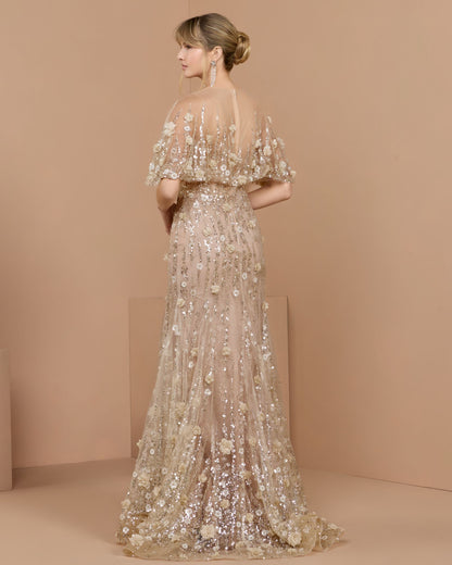 Beige Embellished Cape Sleeve Gown