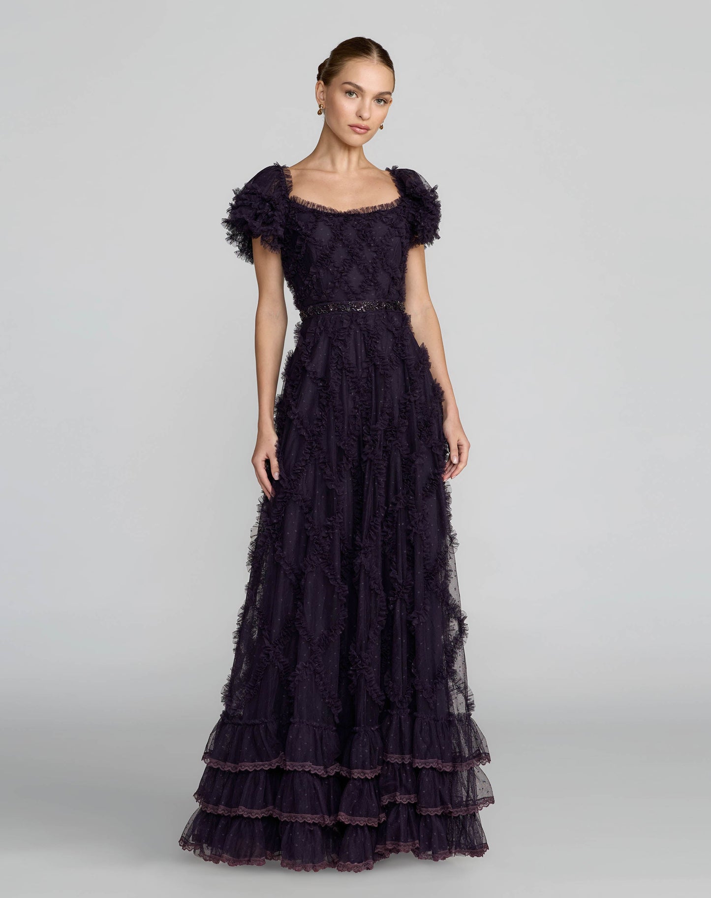 Dark Purple Tiered Ruffle Puff Sleeve Gown