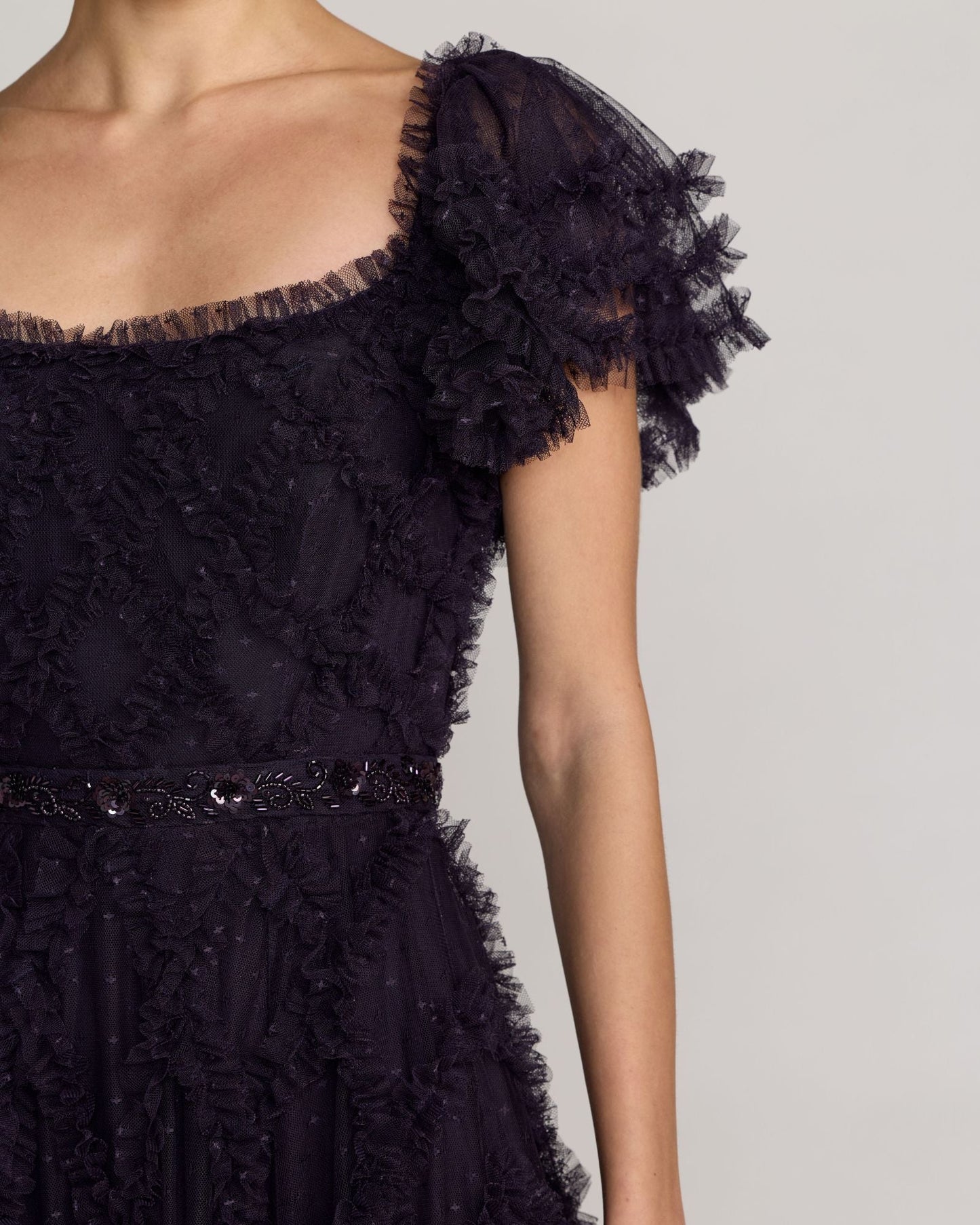 Dark Purple Tiered Ruffle Puff Sleeve Gown