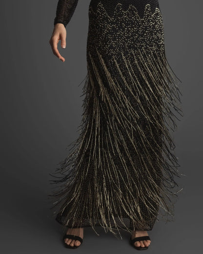 Black Long Sleeve Beaded Fringe Evening Gown