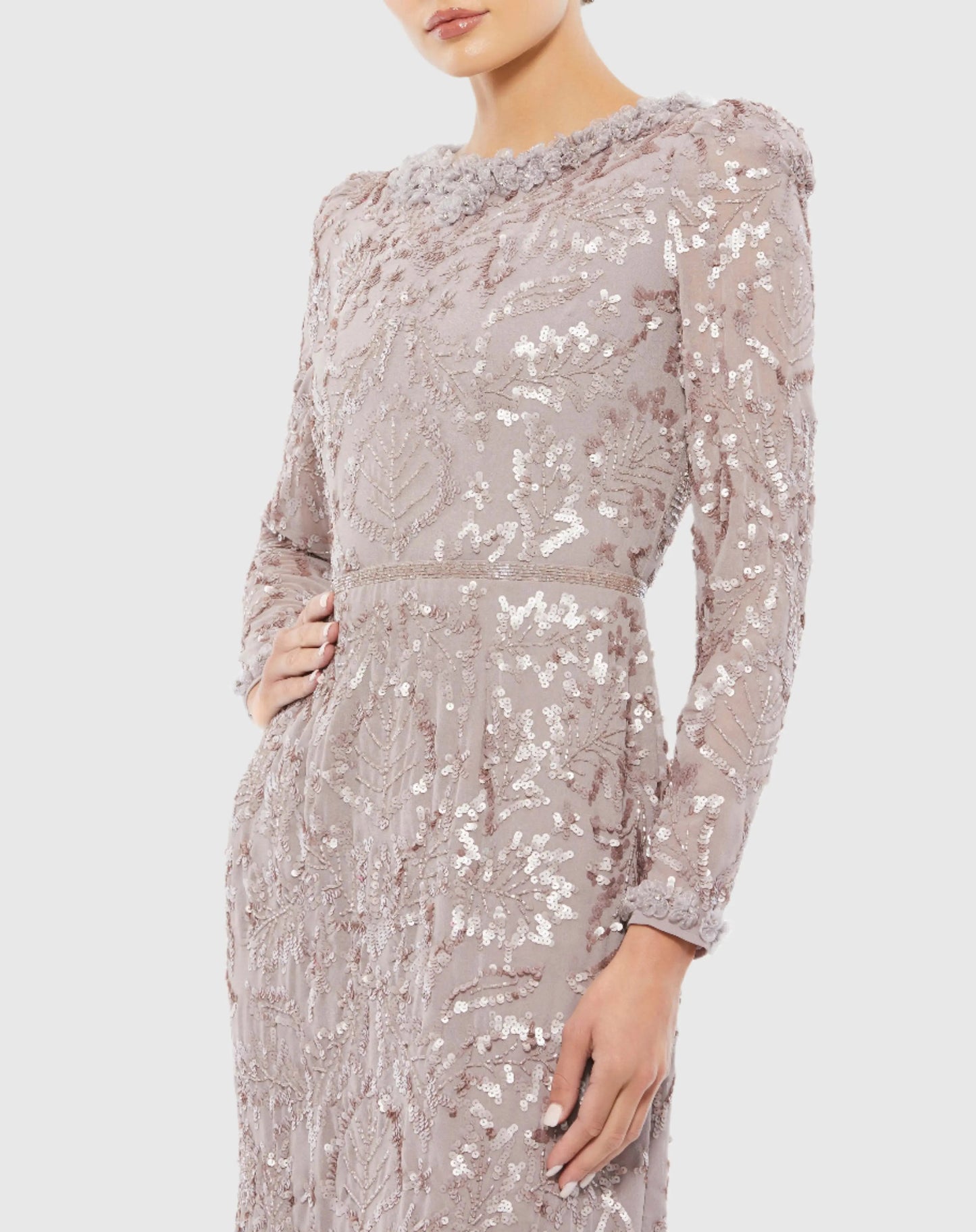 Light Purple Embellished High Neck Long Sleeve Midi Dress