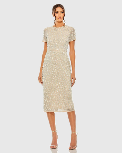 High Neck Short Sleeve Embellished Dress