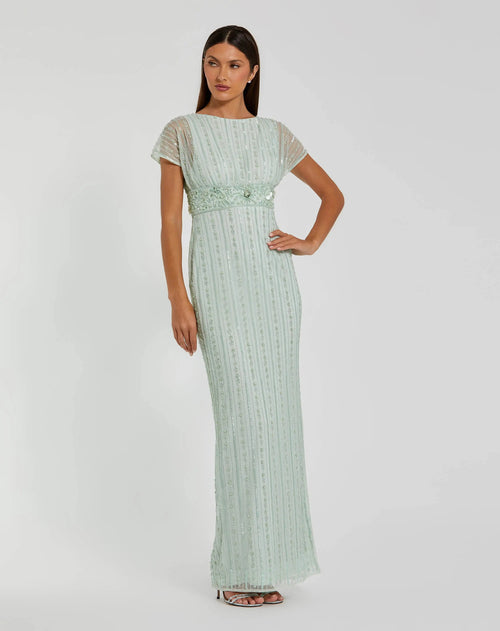 Blue Beaded Blouson Column Gown