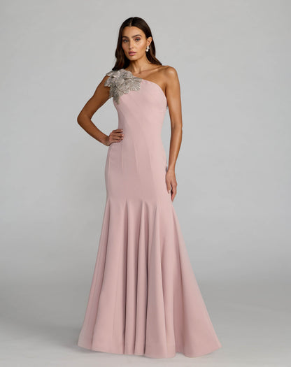 Crepe One Shoulder Gown With Crystal Flower
