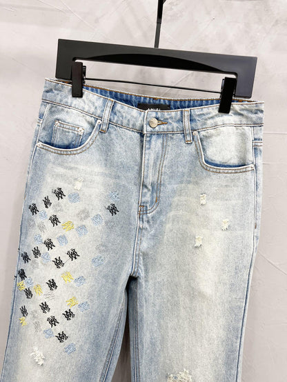 AMIRI Blue MA Quad Embroidered Flare Jeans