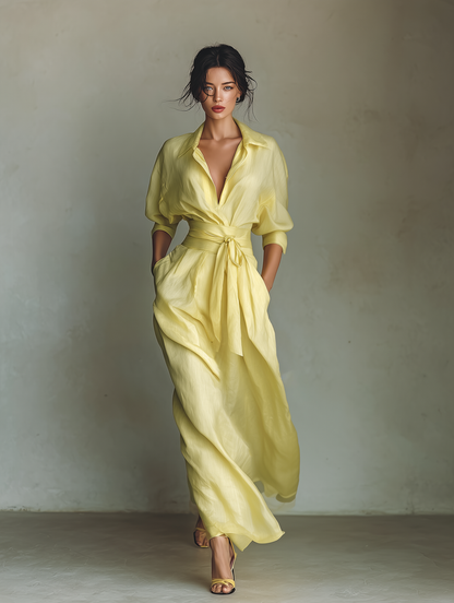 Maxi Shirt Dress for Women in Lemon Yellow with a Tie Belt & Three-Quarter Sleeves 1