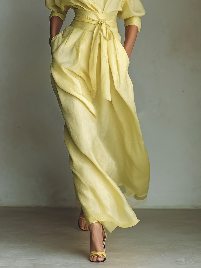 Maxi Shirt Dress for Women in Lemon Yellow with a Tie Belt & Three-Quarter Sleeves 3