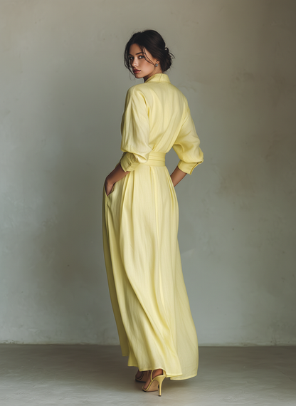 Maxi Shirt Dress for Women in Lemon Yellow with a Tie Belt & Three-Quarter Sleeves 4