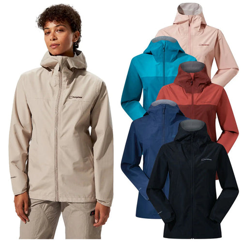 A woman models a light beige jacket with a hood showcasing a relaxed expression The background features five additional jackets in various colors arranged behind her