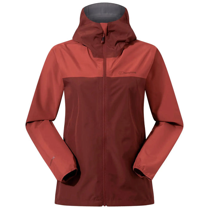 A red and brown outdoor jacket is displayed frontally featuring a zippered closure and a hood highlighted by varying fabric textures and a logo on the upper left side.