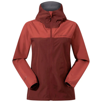 A red and brown outdoor jacket is displayed frontally featuring a zippered closure and a hood highlighted by varying fabric textures and a logo on the upper left side.