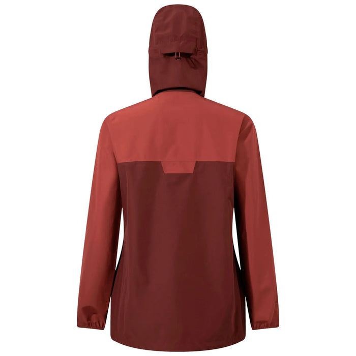 A protective jacket in dark red with a hood is displayed upright showing its back. The fabric appears smooth and lightweight suggesting suitability for outdoor activities.