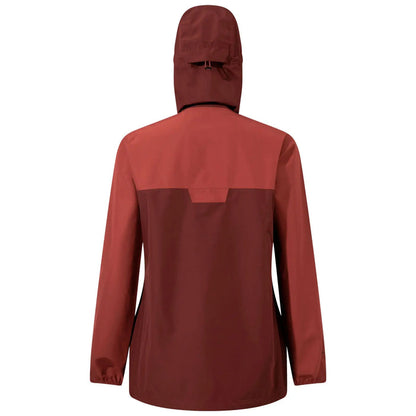 A protective jacket in dark red with a hood is displayed upright showing its back. The fabric appears smooth and lightweight suggesting suitability for outdoor activities.