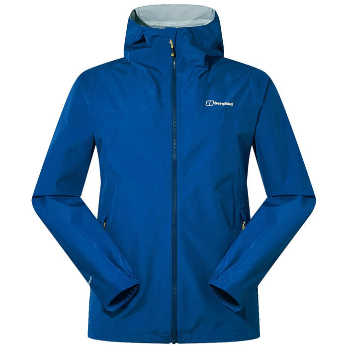 A blue waterproof jacket with a hood is displayed with arms outstretched showing its design. The background is neutral emphasizing the garment's color and features including zippers and cuffs.